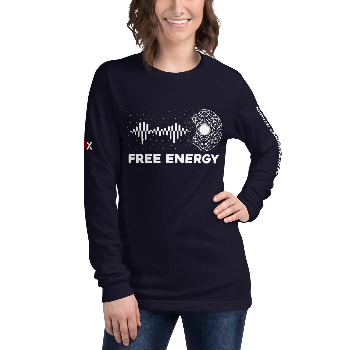AIX Free Energy - Reduce Uncertainty - Unisex Long Sleeve Tee - White Logo Print Front, Left Sleeve, Right Sleeve - Multiple Colors Avail